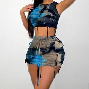 Floerns Women's 2 Piece Outfit Tie Dye Fringe Trim Crop Tank Top with Mini Skirt